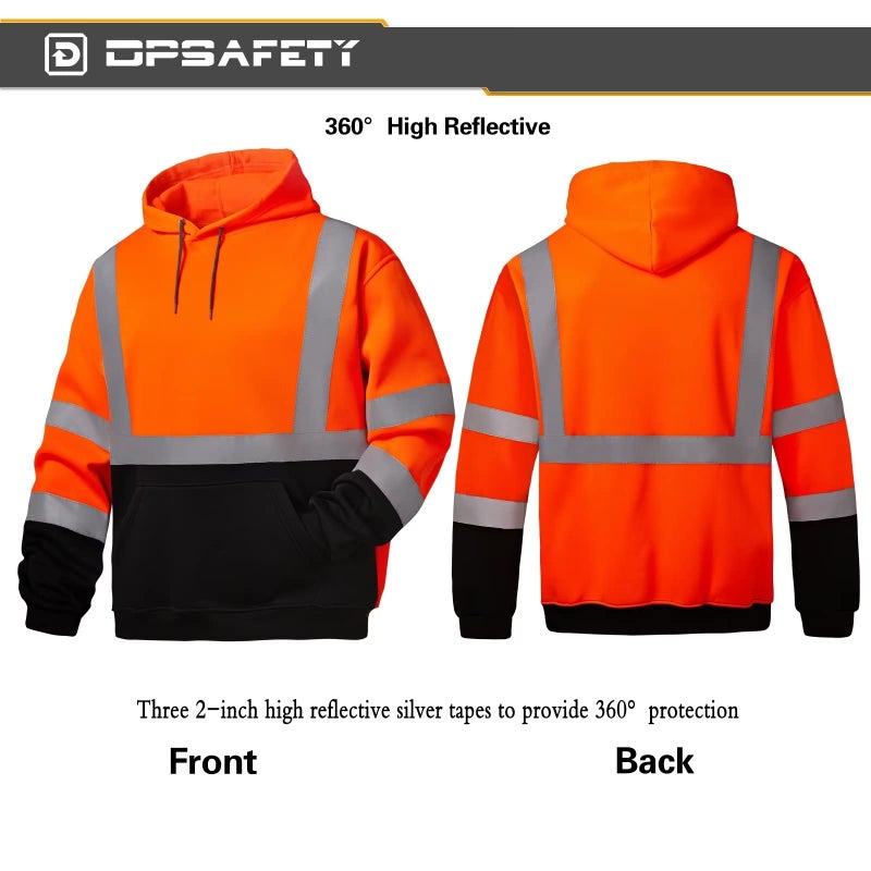 DPSAFETY High Visibility Hoodie For Men, Safety Class 3 Hi Vis Hoodie,Construction Work Sweatshirt,Reflective Hooded Sweatshirt, With Extra large Pocket Orange(2XL) - Image 5